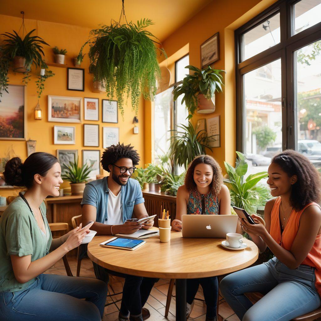 A diverse group of people sitting in a cozy, sunlit café, engaged in animated discussions while sharing digital devices displaying colorful online journals. Around them, vibrant plants and art pieces reflect community engagement and connection. The atmosphere is warm and inviting, symbolizing empowerment through sharing insights. super-realistic. vibrant colors. soft focus.