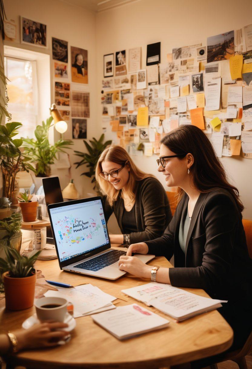 A vibrant blogging workspace filled with diverse people collaborating, exchanging ideas about advocacy. Showcase a laptop with an engaging blog on screen, colorful notes scattered around, symbols of support networks like hands joined together, and inspiring quotes on the wall. The atmosphere should be warm and inviting, emphasizing community and support. opulent colors. digital art. warm lighting.