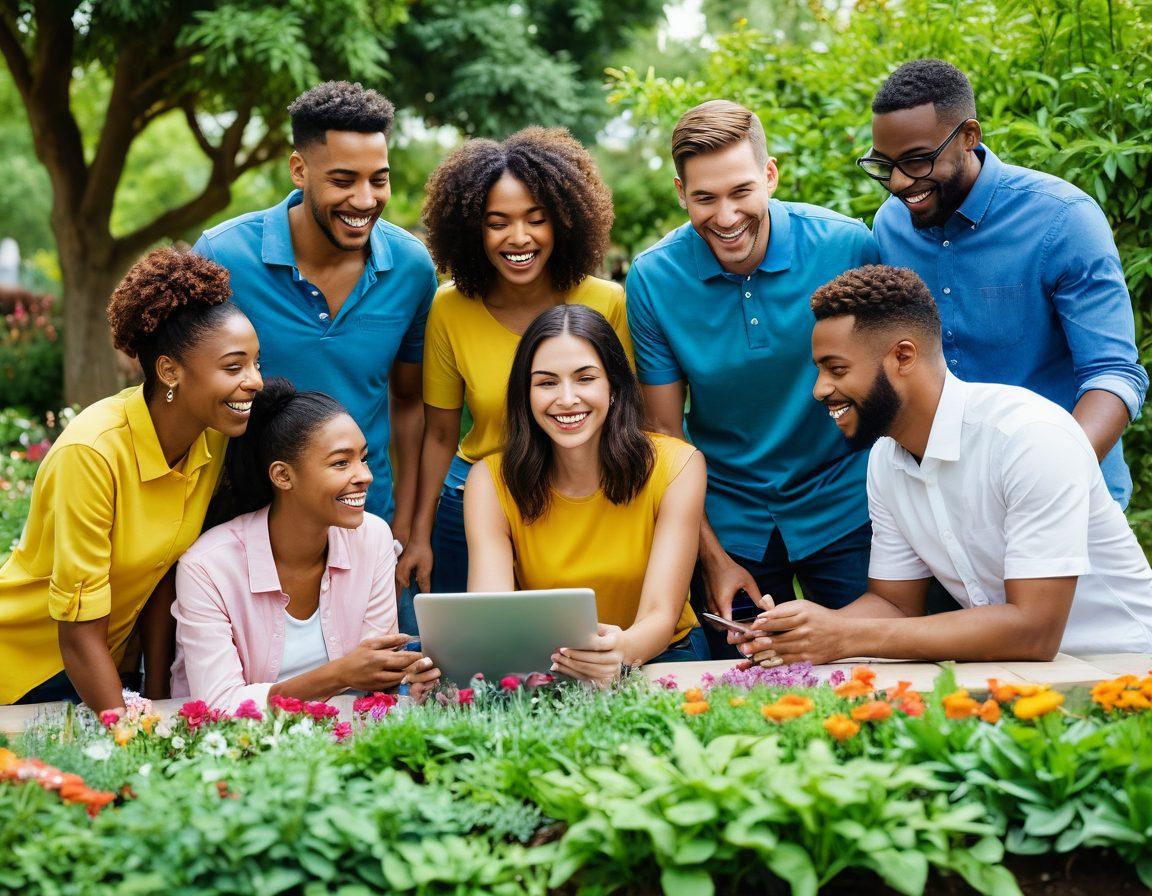 A diverse group of individuals gathered around a large digital tablet, passionately discussing and sharing ideas. Each person representing different backgrounds, engaged in a vibrant dialogue, with a backdrop of a community garden symbolizing growth and support. Bright colors illuminating the scene, showcasing a sense of unity and empowerment through blogging. super-realistic. vibrant colors.